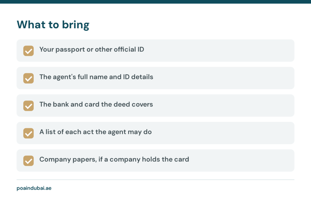 Checklist of what to bring for a power of attorney for credit card